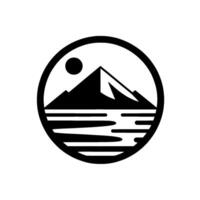 Black and White Circular Mountainscape Featuring Mountains, Sun, and Lake, Symbol of Natures Majesty. vector