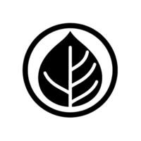 A stylized black leaf within a white outlined circle, set against a stark white background, creating a minimalist and natural emblem. vector