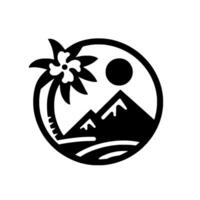 Black and white stylized featuring palm tree, mountains, sun, and waves within a circular frame, evoking a tropical landscape. vector