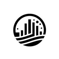 Black and white of abstract stylized city skyline within a circle with wavy lines, and dots. vector
