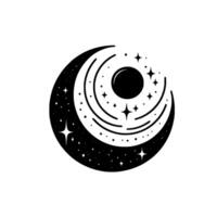 Celestial Monochrome Abstract Illustration of Crescent Moon, Stars, and Central Planet within Circular Orbits. vector
