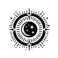 Intricate Celestial Emblem Crescent Moon and Starry Night Surrounded by Concentric Circles and Bursting Lines in a Minimalist, Monochromatic Style vector