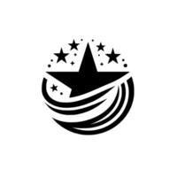 Abstract black star with multiple stars and stylized swooshes within a circular frame, on white background. vector