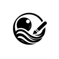 Black and White Artistic Depicting an Eye or Orb Over Abstract Water with a Paintbrush, Enclosed in a Circle. vector
