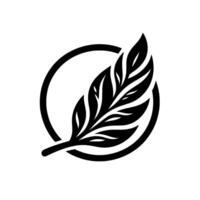 Stylized black feather emblem enclosed within a solid circular frame, creating a modern, on a stark white background. vector