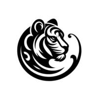 Stylized black and white tiger head profile within a decorative circular frame, conveying strength and elegance. vector