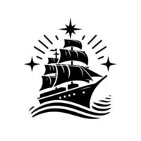 Silhouette of a tall sailing ship navigating choppy waters, adorned with radiant stars, capturing a sense of adventure and nautical heritage. vector