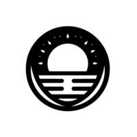 Geometric monochrome featuring a stylized sunrise over a body of water with abstract elements and droplet accents. vector