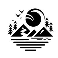 Minimalist Black and White Mountain Landscape with Sun, Trees, Water, and Flying Birds Circular Composition vector