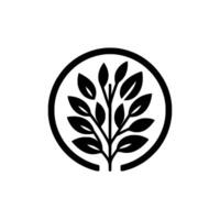 Minimalist Black and White A stylized tree branch with leaves, encased in a simple circular frame on a white background. vector