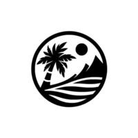 A circular minimalist emblem showcasing a palm tree, waves, mountains, and sun, all in black, set on a white backdrop. vector