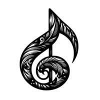 Intricate Black and White Musical Note with Ornamental Floral and Swirls on White Background vector