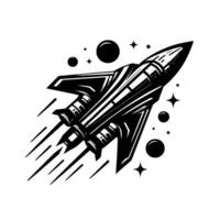 Black and white illustration of a futuristic spaceship blasting through space, surrounded by stars and planets. vector