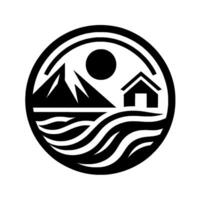 Monochromatic round featuring a mountain, sun, house by a body of water, with swirling waves, creating a serene minimalist . vector
