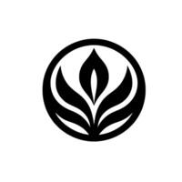 Simple, stylized black floral emblem, symmetrical leaves within a circular border, minimalist aesthetic on a white background, modern, botanical . vector