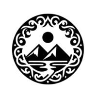 Circular monochrome emblem featuring mountains, sun, and river with a decorative ornate border, embodying natural harmony. vector