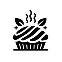 Monochrome illustration of a steaming muffin or cupcake with leaf accents, cross icons, and stylized steam rising from the top, suggesting freshness. vector