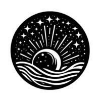 Celestial Illustration Night sky with moon, stars, sunburst, and stylized waves within a circular black background. vector