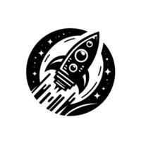 Black and White Illustration of Rocket Launching in Space, Surrounded by a Circular Frame with Stars and a Planetary Silhouette. vector