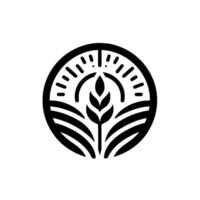 A stylized black and white emblem featuring a wheat stalk, fields, and sunlike elements within a circular frame, evoking agriculture and nature. vector