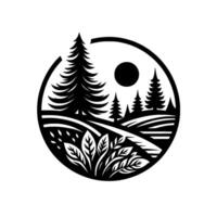 A circular, black and white illustration of a serene outdoor scene inside a circle, featuring pine trees, sun, rolling hills, and various plant life, creating a peaceful, naturalistic . vector
