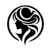 Silhouette of a woman with flowing hair within a circular frame, depicting elegance, style, and grace in a clean black and white . vector