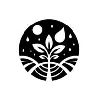 A monochrome circular depicting a growing plant with leaves, under a starry sky, rain, and a sun, symbolizing natures nurturing. vector