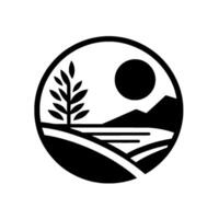 Monochromatic, circular emblem stylized landscape featuring a tree, sun, mountains, fields and body of water. vector