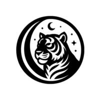 Silhouette of a regal tigers head framed by a crescent moon and stars, creating a modern and symbolic emblem in black and white. vector