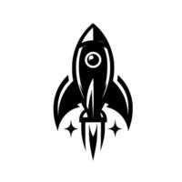 Monochrome Rocket Ship with Stylized Details and Streamlines with Propulsion and Stars, Isolated on White, Emblem . vector