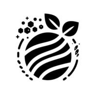 Black and white organic abstract featuring a striped sphere with leaves and surrounding geometric elements on a white backdrop. vector