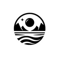 Black and white circular featuring stylized mountains, a sun or moon, water, and a star against a white backdrop, evoking peace. vector