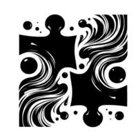 Black and White Flowing Puzzle Abstract art piece showcasing two puzzle pieces melded together with swirling water droplet patterns and round shape elements against a stark white background. vector
