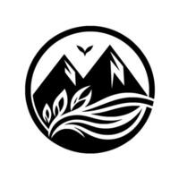 A monochrome circular emblem featuring stylized mountains, leaves, a bird, and flowing water, representing nature and serenity. vector