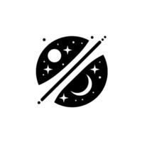 Abstract black and white of a split celestial sphere with a moon, stars, and an orbital streak, representing the duality of day and night. vector