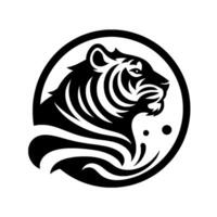 Bold, minimalist black and white illustration of a tigers profile within a circle, embodying strength and wild elegance. vector