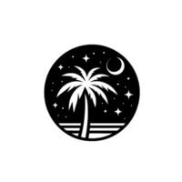 A black and white circular , a tranquil moonlit night scene of a silhouetted palm tree, stars, and crescent moon reflecting on ocean. vector