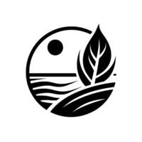 Black and White Circular Featuring Sun, Sea, and Leaf Over Fields, Reflecting Natures Harmony. vector