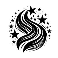 Abstract Black and White Stellar Composition Swirling Hairlike Streams Embellished by Stars and Dots on a White Background. vector