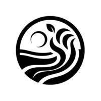 Minimalist black and white circular featuring stylized sun, waves, and a leaf, evoking nature and tranquility. vector