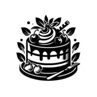 Black and White Illustration of a Layered Cake with Cherries, Leaves, and a Fork on a Plate. vector