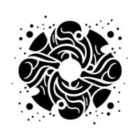 Symmetrical abstract black and white with organic flowing shapes, circular structure, and scattered dot accents on a white background. vector