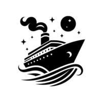 Black and white stylized illustration of a cruise ship sailing under a starry night sky with moon and waves. vector