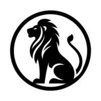 Silhouette of a regal lion in a circular frame, rendered in bold black lines on a bright white background. vector