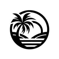 Minimalist Black White Palm Tree Silhouette with Sun, Ocean, and Land within a Circular Frame, Evoking Tropical Relaxation. vector
