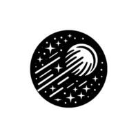 Stylized Black and White Circular Crescent Moon, Stars, and Streaking Lines on White Background. Minimalist Space Art. vector