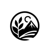 Monochromatic circular featuring stylized mountain, crescent, plant and fields, evoking nature and growth. vector