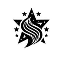 Black and White Abstract Star Featuring a Stylized Flame with Embedded Smaller Stars and Dot Accents, on a White Background. vector