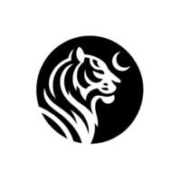 Simplistic Black and White of a Tigers Silhouette Profile within a Black Circle, Crescent Moon Above vector