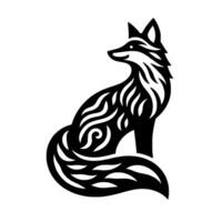 Sitting black stylized fox, with intricate tribalinspired patterns, set against white backdrop, evoking a minimalist and elegant . vector